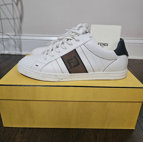 Authentic Fendi Jacquard FF Men's White and Brown Sneakers